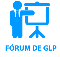 ícone de uma pessoa de terno apontando para louza em azul com o conteúdo "Fórum de GLP" em baixo.