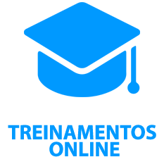 ícone de capelo azul com o conteúdo "treinamentos online" escrito em baixo.