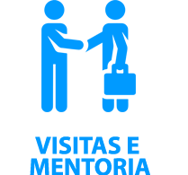 ícone de duas pessoas em aperto de mão em azul com o conteúdo "Visitas e mentoria" em baixo.